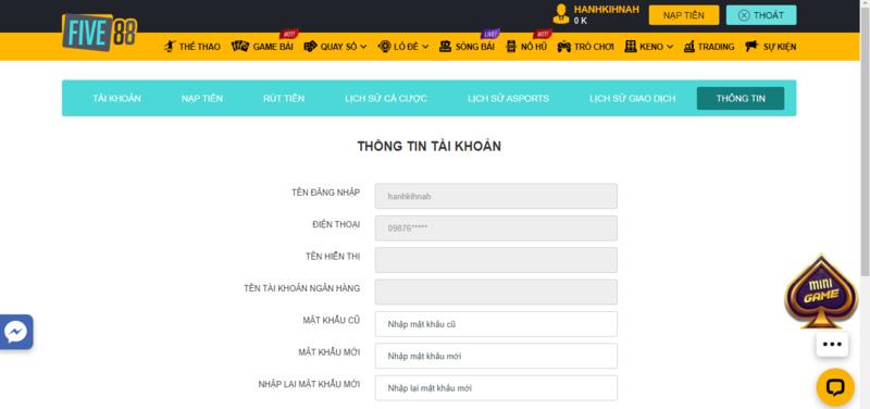 thông tin tài khoản Five88