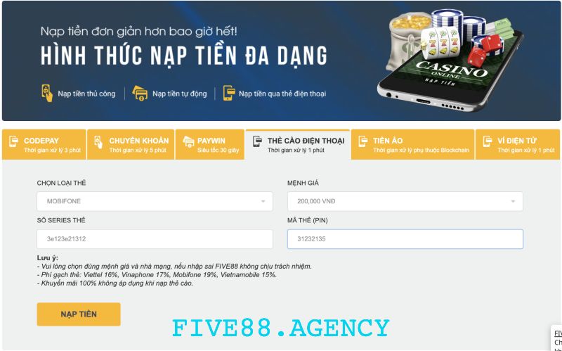 Nạp tiền Five88 qua thẻ cào