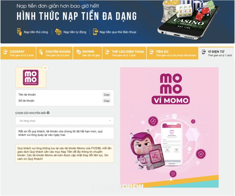 Nạp tiền Five88 Momo